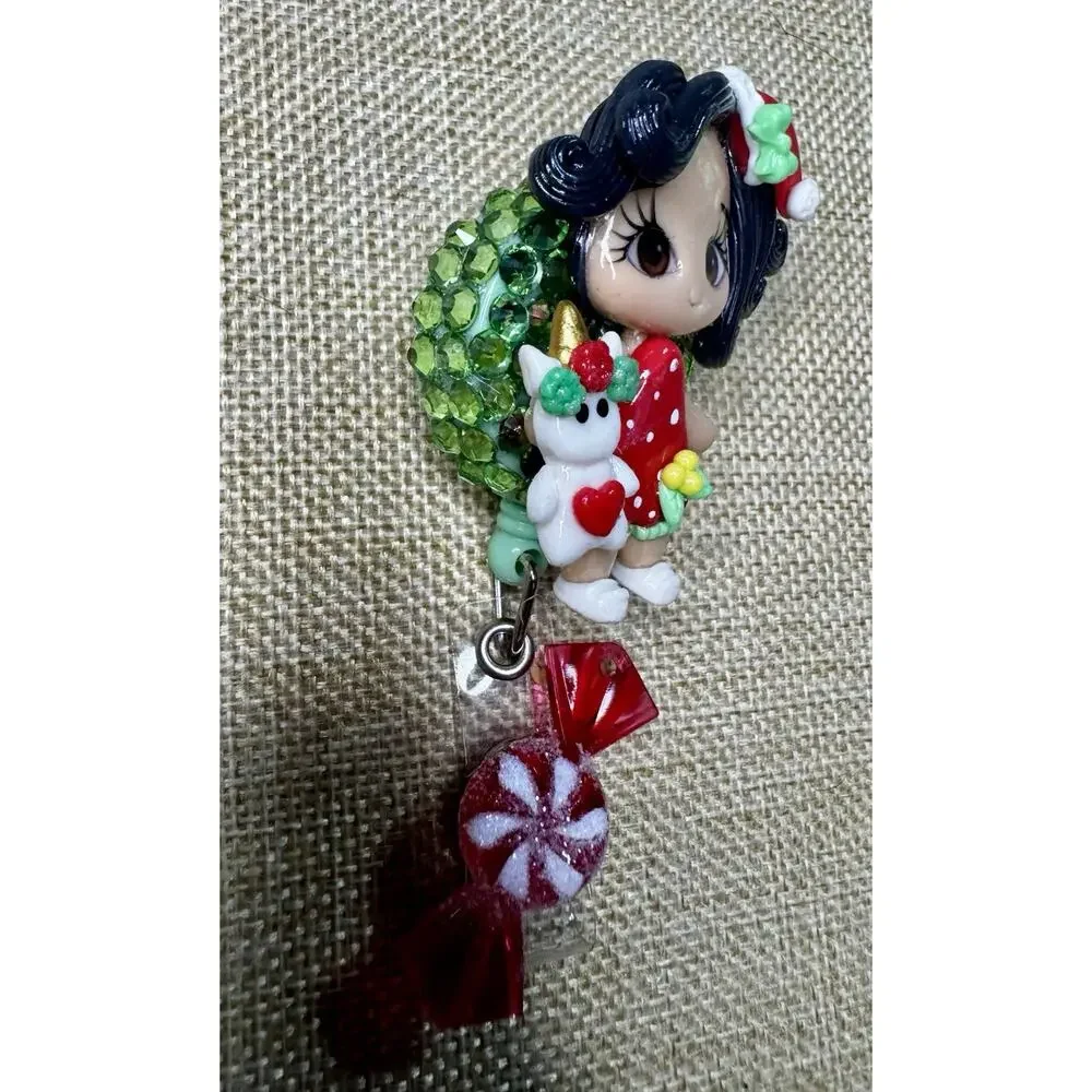 Christmas Girl With Unicorn On Green Rhinestone Retractable Badge Reel Handmade